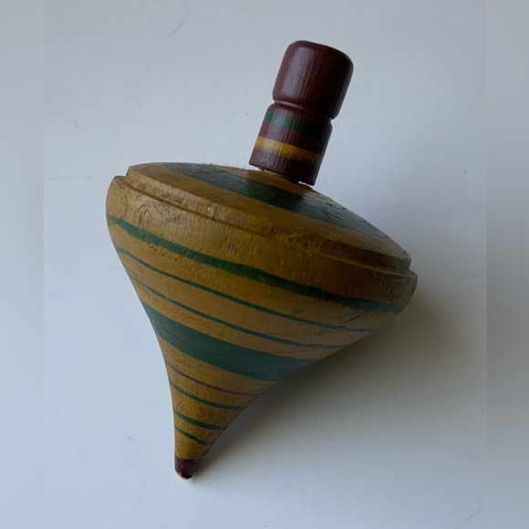 Other - Vintage Wooden Spinning Top with Colorful Stripes
